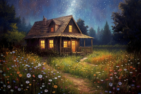 Wooden cottage in the meadow at night. Digital painting.の素材