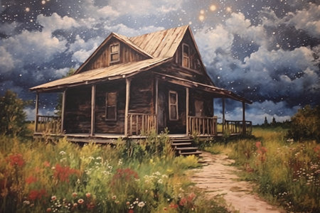 Abandoned wooden house in the meadow at night. Vintage painting.の素材