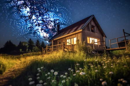 Beautiful night sky with stars and clouds over a wooden house in the forestの素材