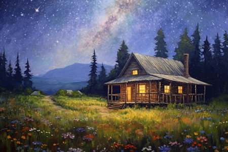 Digital painting of an old wooden house in the meadow at night.の素材