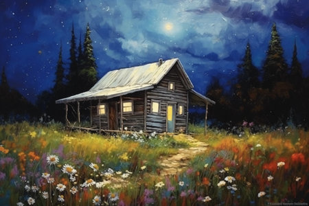 Wooden house in the meadow. Oil painting on canvas.の素材