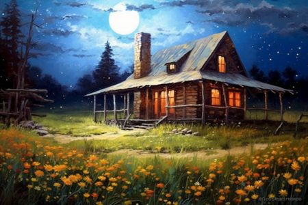 Old wooden house in a meadow with yellow flowers under the moonlightの素材