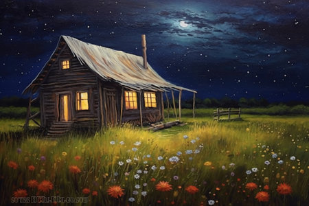 Wooden cottage in the meadow at night, oil painting.の素材