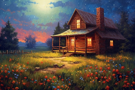 Old wooden house in a meadow with flowers at sunset. Digital painting.の素材