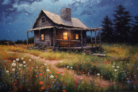 Oil painting of an old wooden house in a field with flowers.の素材
