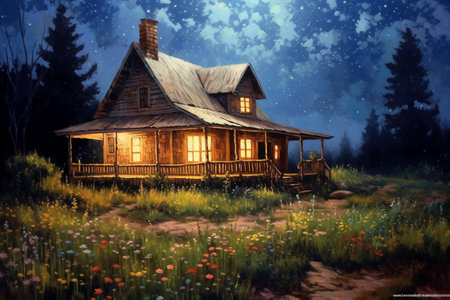 Wooden house in the forest on a summer night. Digital painting.の素材