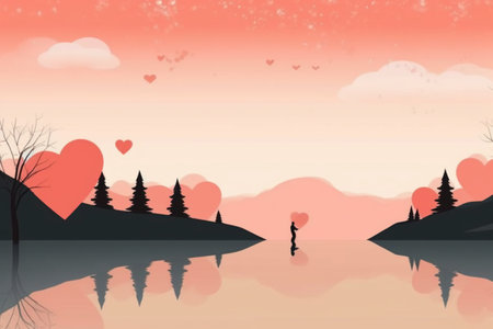 Valentines day background with hearts, trees and lake. Vector illustration.の素材