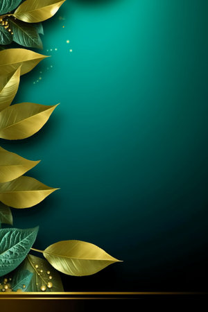 Green leaves background with golden frame and space for text. Vector illustration.の素材