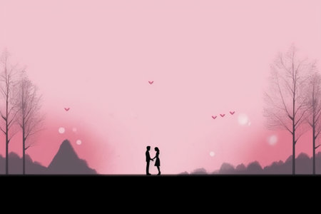 Silhouette of a couple in love on a pink background.の素材