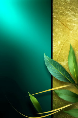 green leaves on blue and gold background with space for text or imageの素材