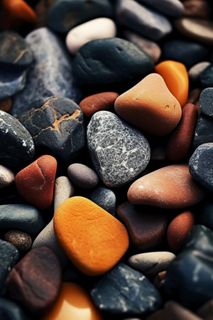 colorful pebbles on the beach, closeup of photoの素材