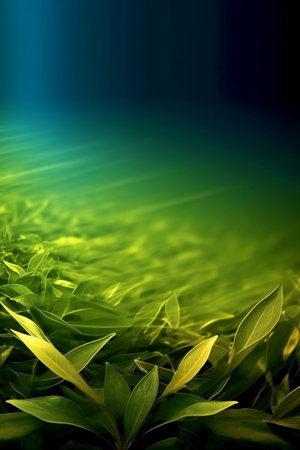 abstract background with green leaves and blue spotlights on the groundの素材