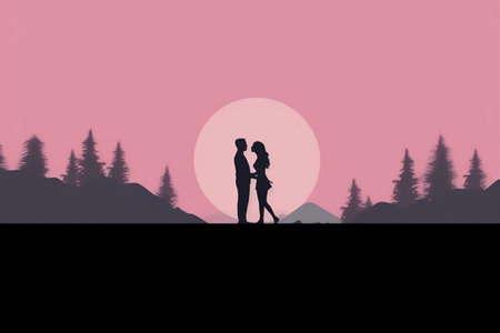 Silhouette of a loving couple at sunset. Vector illustration.の素材