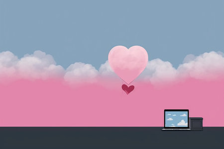Laptop with pink heart and clouds on the blue sky. 3D renderingの素材