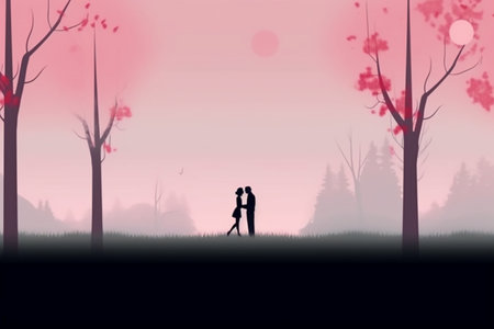 Silhouette of a loving couple kissing in the forest. Vector illustrationの素材