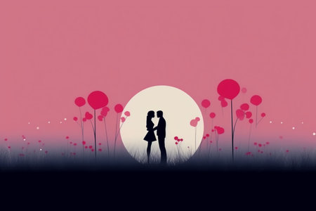 Silhouette of romantic couple in love on a meadow.の素材