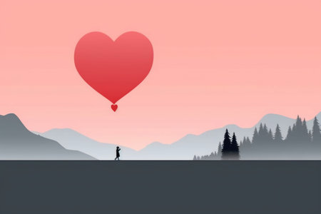Silhouette of a man with a red heart balloon in the mountainsの素材