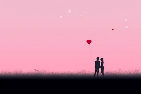 silhouette of man and woman with red heart balloon on pink backgroundの素材