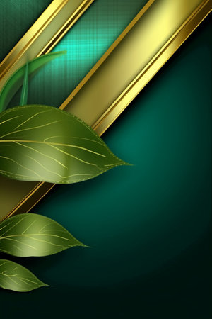 Eco green background with leaves and golden lines. Vector illustration.の素材