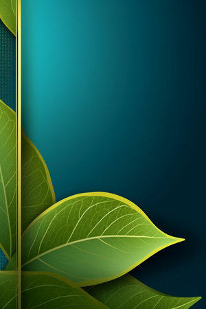 Green leaves on a blue background with a golden frame. Vector illustrationの素材