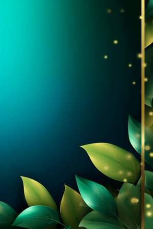 Green leaves on dark blue background with golden frame. Vector illustration.の素材