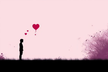 Silhouette of a boy in love with red heart shaped balloonsの素材