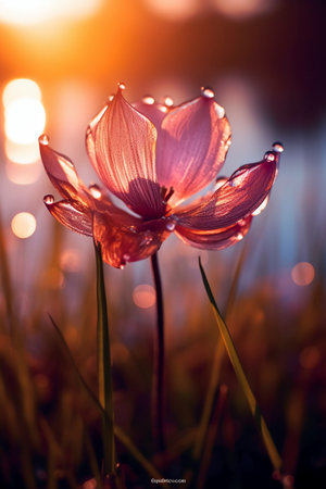 Water drops on the petals of a crocus flower at sunset.の素材