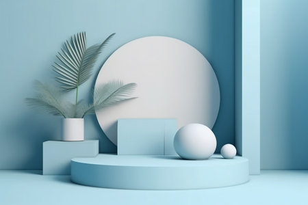 Minimal scene with blue podium and palm leaves, 3d renderの素材