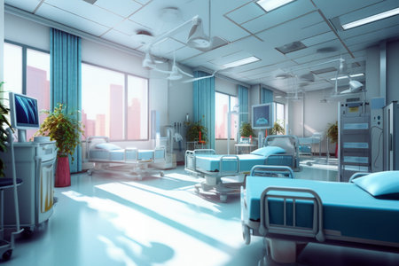 3d rendering of a modern hospital interior with ward and bed.の素材