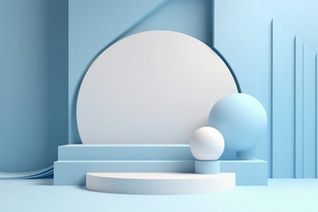 Abstract minimal scene with blue podium and geometric shapes. 3d renderの素材
