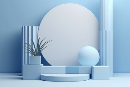 3d render of abstract minimal geometric forms. Glossy blue podium background for your design.の素材