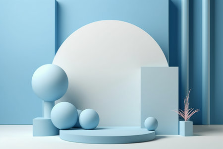 3d rendering of abstract minimal geometric forms. Blue podium for your design.の素材