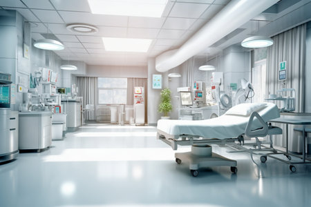 Modern hospital corridor interior with medical equipment. 3d rendering toned imageの素材