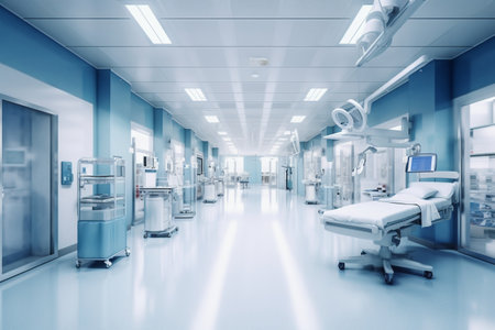 Interior of a modern hospital corridor with equipment. 3d renderの素材