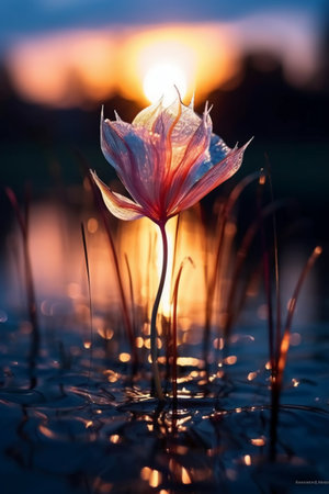 Beautiful pink flower in the water at sunset. Soft focus.の素材