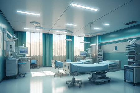 3d rendering of modern hospital room interior with surgery bed and equipmentの素材