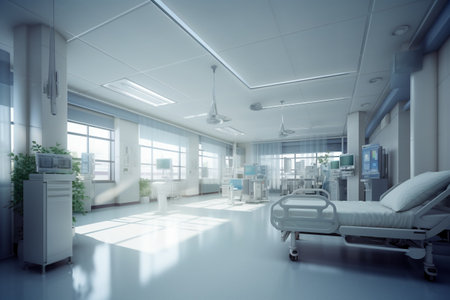3d render of modern hospital corridor interior with bed and medical equipmentの素材