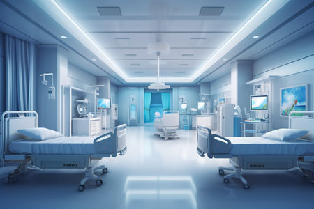 3d rendering hospital room with bed and medical equipment in blue toneの素材