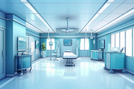 3d render of a modern hospital corridor with a bed and equipmentの素材