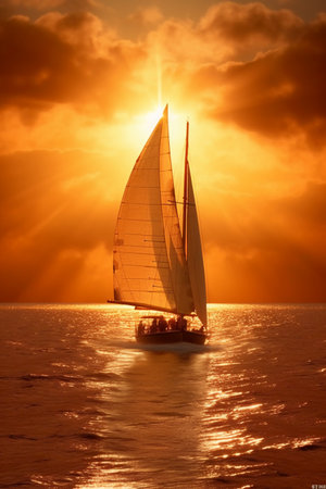 Sailing boat on the sea at sunset. Luxury yacht.の素材