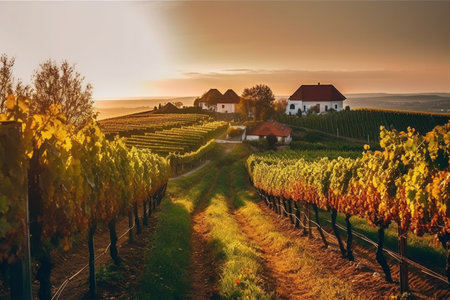Sunset in the vineyards of the South Styrian region of Austriaの素材
