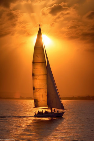 Sailing regatta at sunset. Luxury yacht on the seaの素材