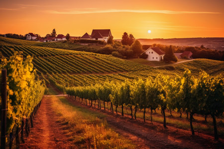 Sunset over vineyards in Langhe, Piedmont, Italyの素材