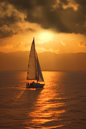 Sailing boat in the sea at sunset. Luxury yacht in the sea at sunset.の素材