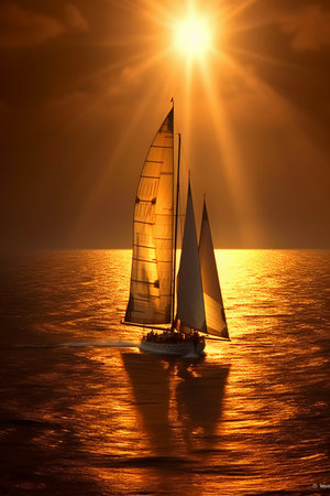 Sailing yacht in the sea at sunset. 3D rendering.の素材