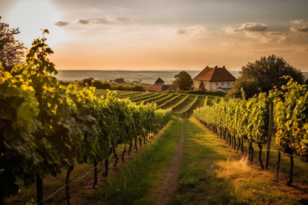 Vineyards at sunset in Riquewihr, Alsace, Franceの素材