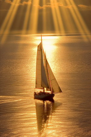 Sailboat in the sea at sunset with rays of light.の素材