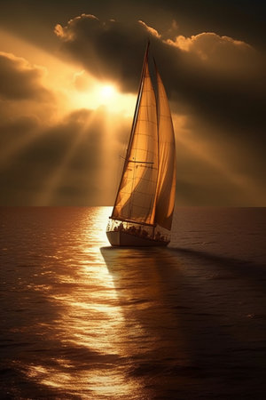 Sailing boat in the sea at sunset. 3d render.の素材