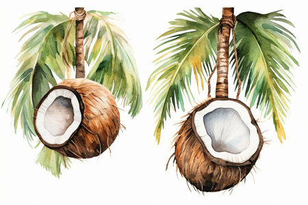 Watercolor illustration of coconuts and palm leaves on white backgroundの素材