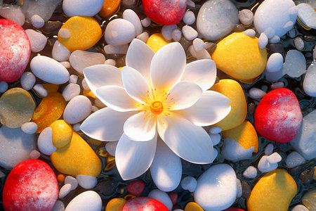 Beautiful white lotus flower and colorful pebbles in waterの素材